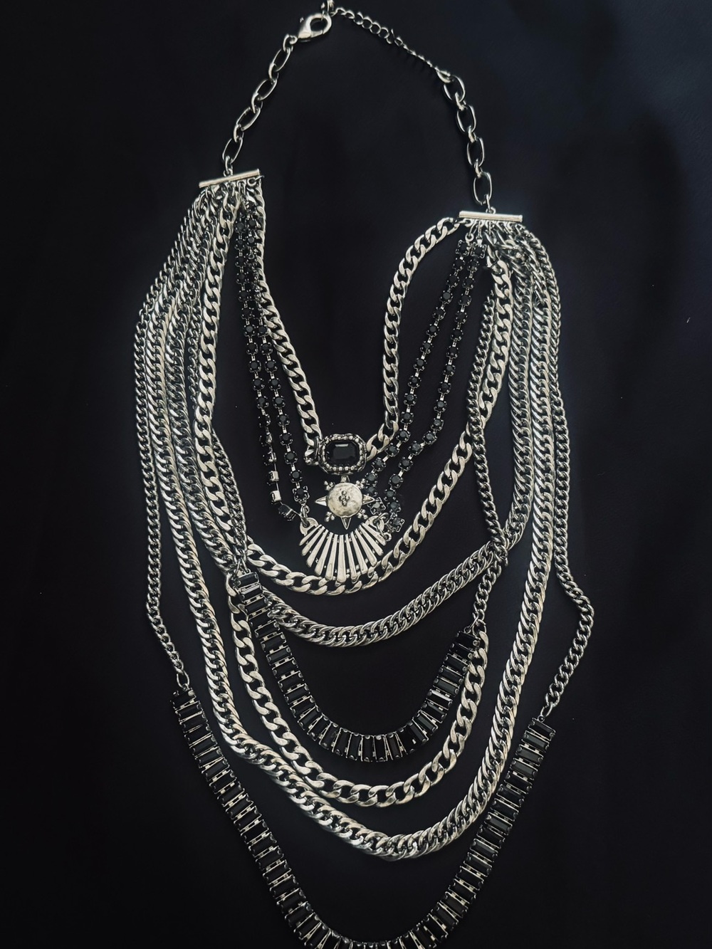 Silver & Black Layered Chains Statement Necklace - Women Jewelry